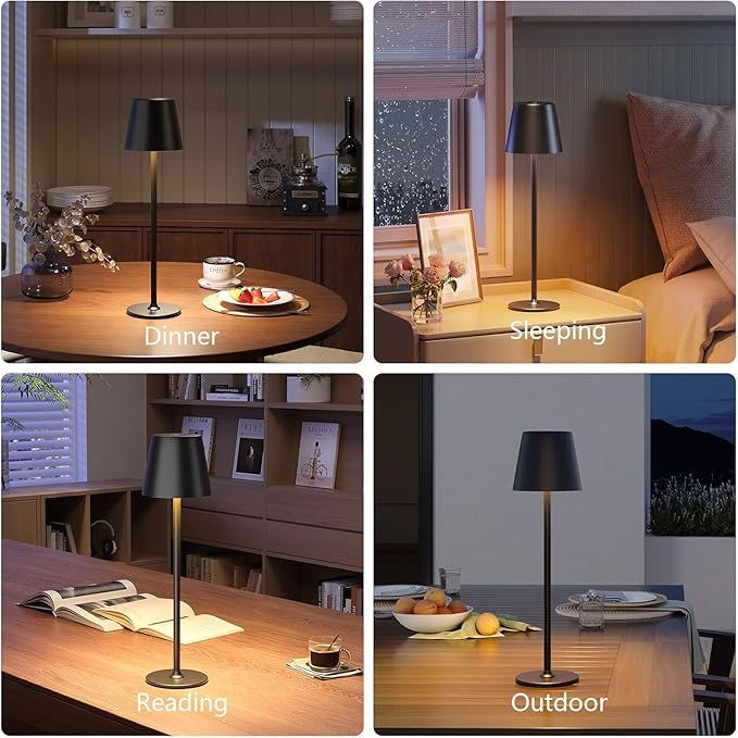 2-Pack Cordless LED Table Lamps, Touch Dimmable Bedside Night Lights, Rechargeable USB, Full Metal Body, Dual Battery, IP54 Waterproof – Black