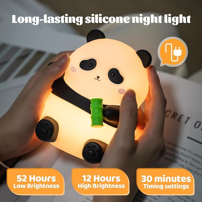 Panda Silicone Night Light for Kids, 50+ Hours Long Battery Life Squishy Touch Lamp with Auto Off Timer, Cute Rechargeable Nightlight for Toddler Baby Nursery Easter Gift