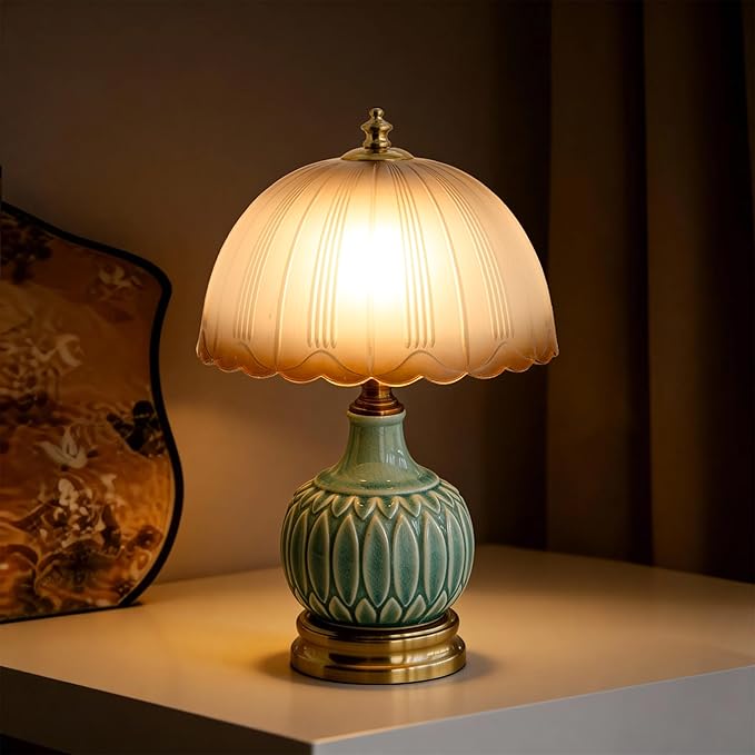 Mid-Century Modern Table Lamp, Green Bamboo Ceramic Base with Scalloped Gradient Glass Shade, 3-Color Dimmable LED Bedside Lamp for Bedroom & Living Room, Aesthetic Home Decor, Bulb Included
