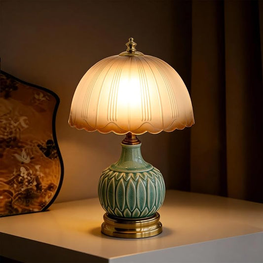 Mid-Century Modern Table Lamp, Green Bamboo Ceramic Base with Scalloped Gradient Glass Shade, 3-Color Dimmable LED Bedside Lamp for Bedroom & Living Room, Aesthetic Home Decor, Bulb Included