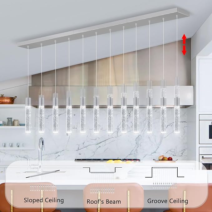 12-Lights Modern Crystal Chandeliers LED Pendant Light for Kitchen Island Dining Room Entrance Foyer Living Room Silver