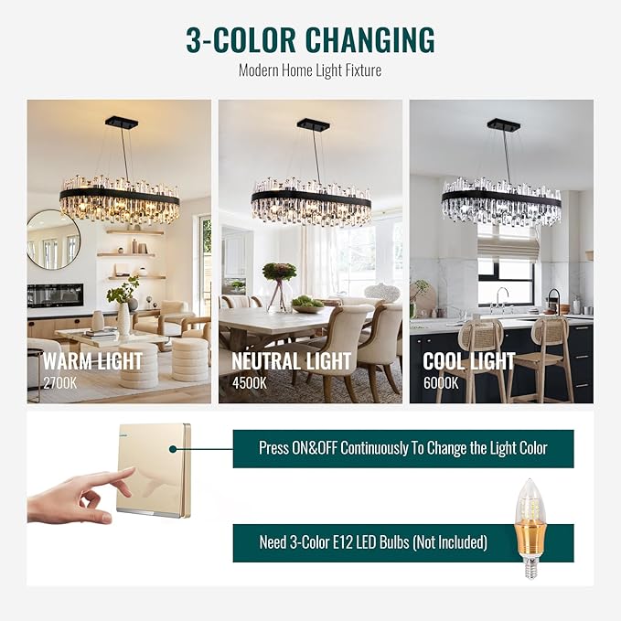 Siljoy Modern Crystal Chandelier Luxury Black 2-Tiers Raindrop Chandelier Adjustable Oval K9 Crystal Ceiling Light Fixture for Dining Room Kitchen Island Bar L35.4'' x W15.7'' x H9.8'', E12 x 16