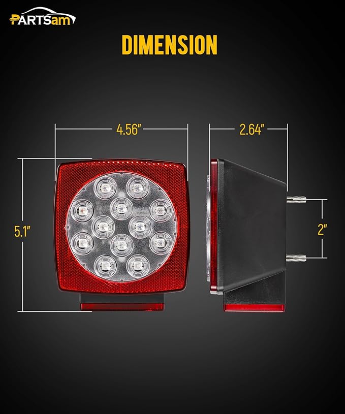 Partsam 12V Submersible Square Led Trailer Lights, Red White LED Stop Turn Tail License Side Marker Running Light Lamp for Trailers Under 80" Boat Trailer Truck, IP68, Red Clear Lens