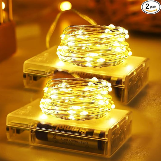 YAOZHOU Christmas Decorations Warm White Fairy String Lights, Battery Operated with Timer, 2 Pack Total 33FT 100 Led Mini Battery Powered Mason Jar Waterproof Firefly Lights DIY Party