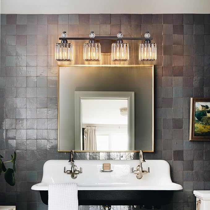 Vanity Lights 4-Light Modern Crystal Vanity Light Sand Black Bathroom Light Fixtures Over Mirror Crystal Bathroom Vanity Lighting Fixtures