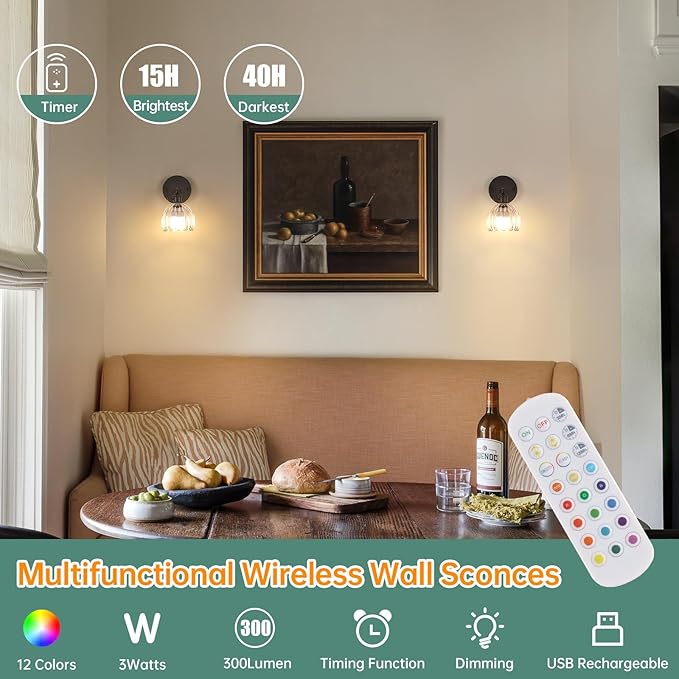 Vintage Battery Operated Wall Sconce with Transparent Tulip Glass Lampshade Rechargeable Battery Powered Black Wall Light with Remote Control for Bedside Bedroom Doorway, Set of 2