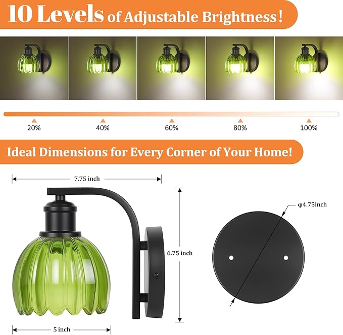 Rechargeable Battery Operated Wall Sconce with Green Glass Lampshade, Wireless Wall Scone Decor with Remote Control, 15 Colors Black Wall Light for Bedside Hallway Bedroom Doorway