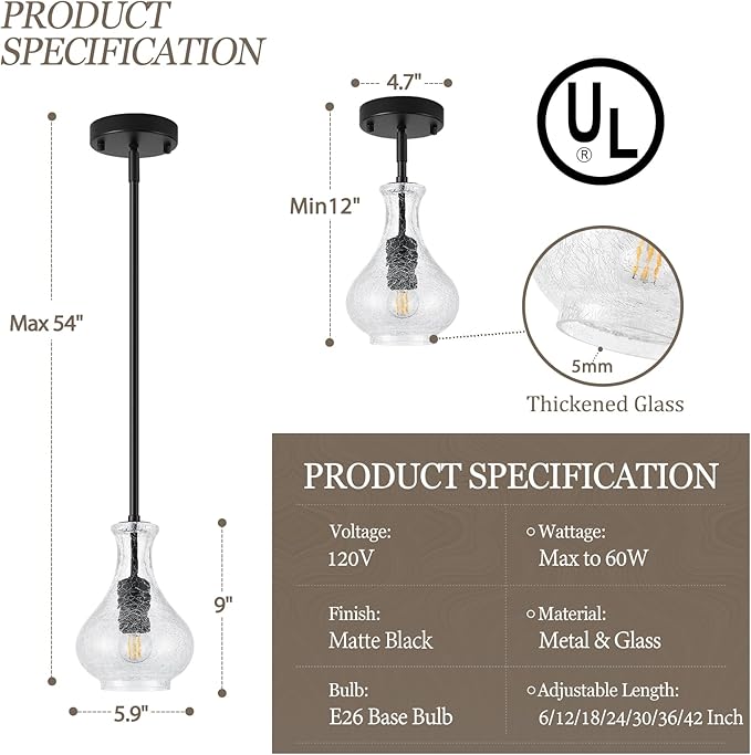 Black Pendant Lights Kitchen Island 2 Pack, 5.9" Unique Crackle Glass Pendant Light Fixtures with Adjustable Rods, Modern Single Hanging Lighting for Kitchen Island, Sink, Bathroom, E26 Base