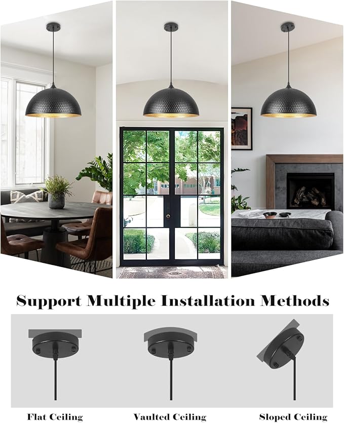 16 inch Black and Gold Pendant Light 2 Pack, Hammered Large Industrial Pendant Lights Kitchen Island, Black Dome Pendant Light for Kitchen Island, Dining Room, Bar