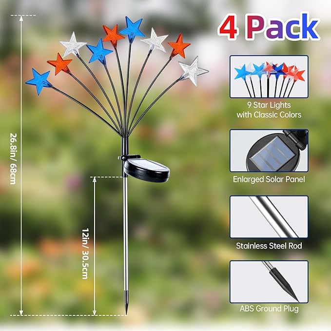 Lewondr 4th of July Decorations Solar Garden Lights, Fourth of July Red White and Blue Star Solar Lights Outdoor, Waterproof Patriotic Decor with 9 LED 2 Lighting Modes for Independence Day, 4 Pack