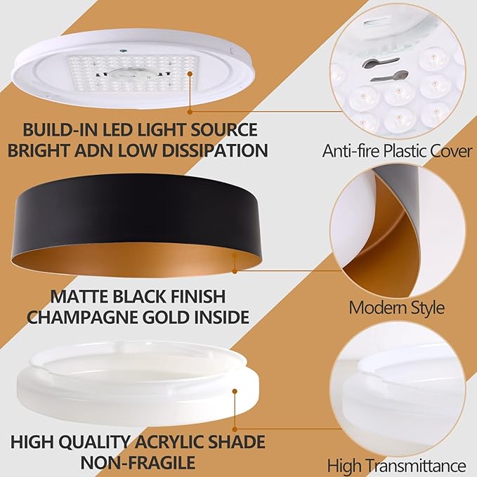 Bargeni 16.5 Inch LED Ceiling Light Fixture, Dimmable Flush Mount Matte Black With Gold Inside, 3000K/Warm White/30W, Modern Light Fixtures Mount for Bedroom, Outdoor, Foyer