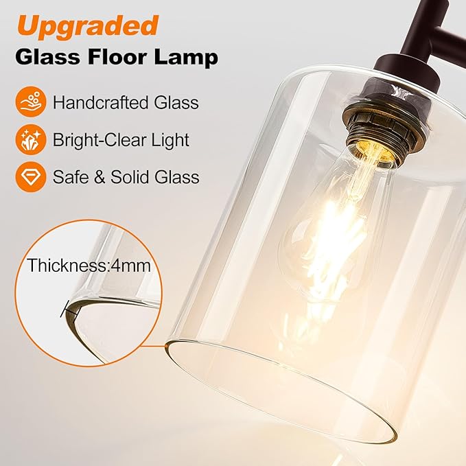 【Upgraded】Dimmable Floor Lamp for Living Room with Glass Lampshade, Brown and Gold Modern Floor Lamp with 900LM LED Bulb Included, Bright Standing Tall Lamp for Bedroom, Office, Reading Room, Corner