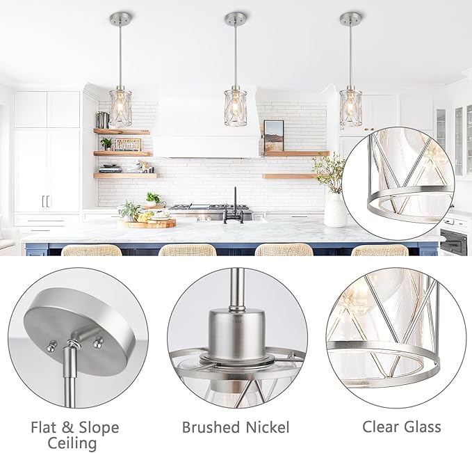 Refice Glass Pendant Lights Kitchen Island, Brushed Nickel Kitchen Hanging Light with Clear Glass, Farmhouse Cage Mini Pendant Lighting for Sink Dining Room Bedroom Bar, 1 Pack