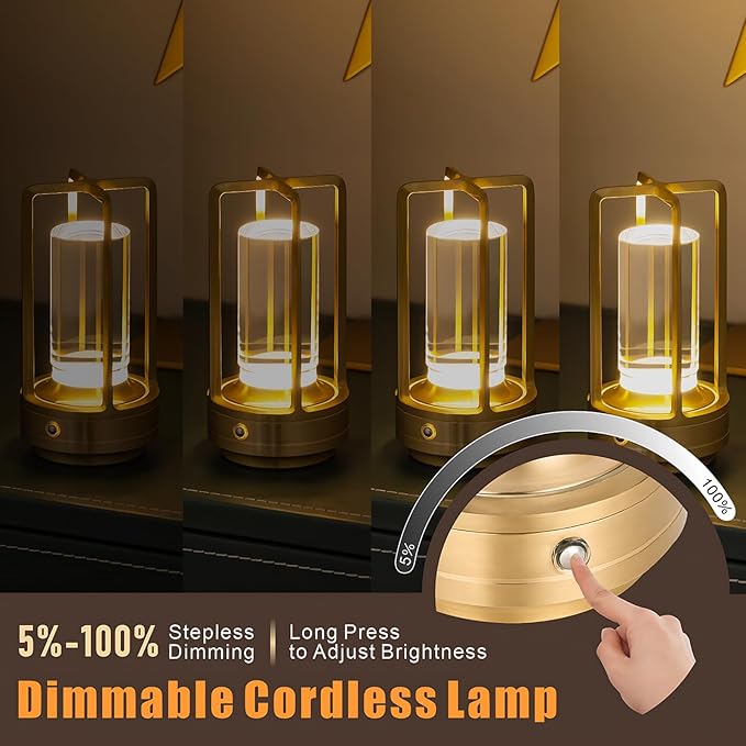 Rechargeable Table Lamp Cordless, 3 Color | Crystal | Stepless Dimming, for Bedroom, Cafe, Camping, Bar, Dining Table, Restaurant, Gold (2 Pack)
