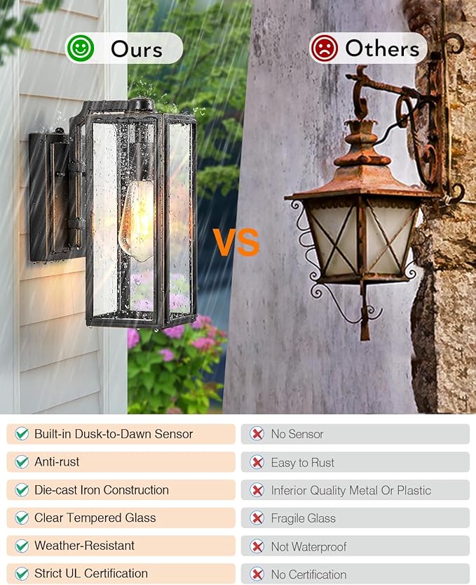 VIANIS Dusk to Dawn Outdoor Wall Lighting, Exterior Waterproof Wall Sconce Light Fixtures, Black Outside Porch Lights with Toughened Glass Shade, Anti-Rust Wall Mount Lantern for Garage 2Pcs