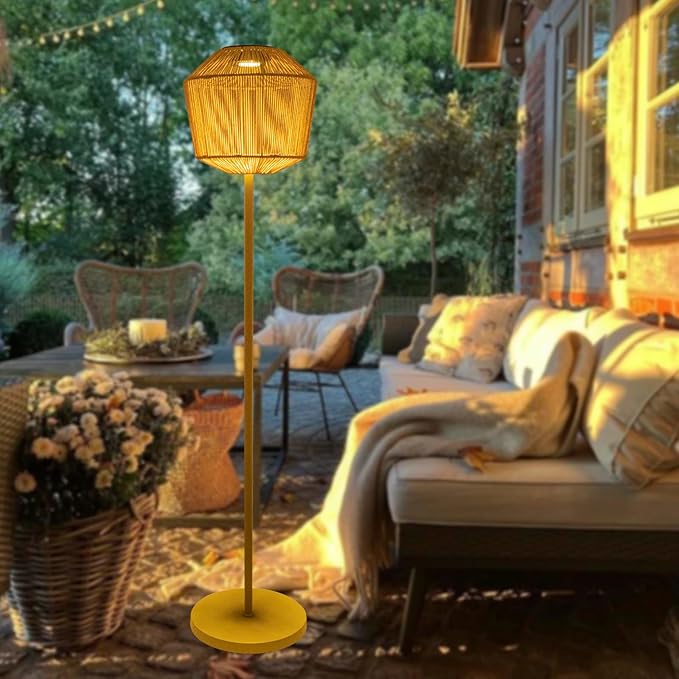Outdoor Solar Floor Lamp, Large Natural Rattan Lantern with Metal Pole and Base, Waterproof Lamp for Patio Yard Garden Wedding Home Decoration