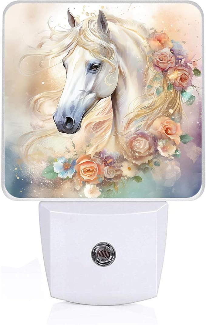 White Horse Night Light,Floral Night Lights Plug into Wall,Led Lamp for Stairway/Hallway/Bedroom 0.5W Nightlight Sleep Friendly