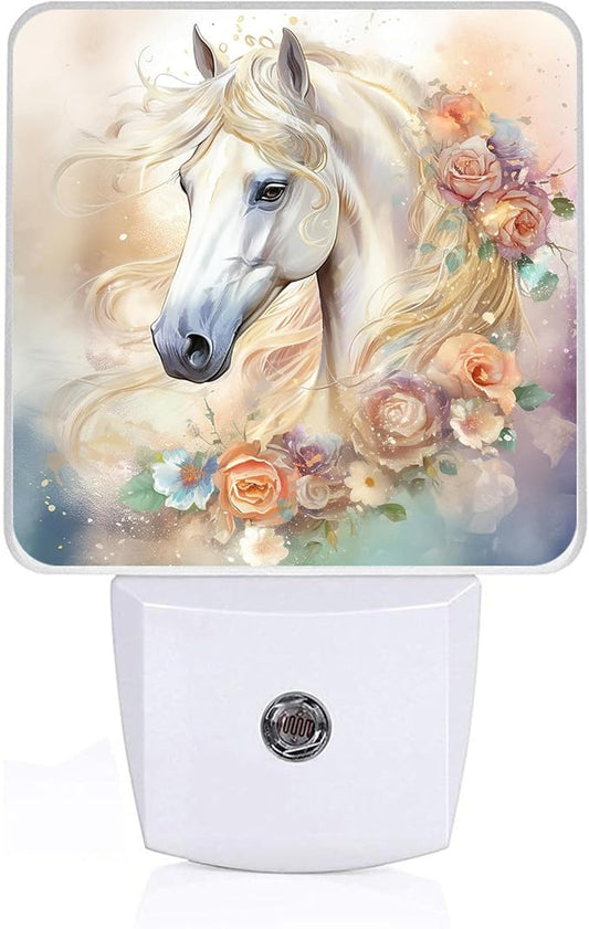 White Horse Night Light,Floral Night Lights Plug into Wall,Led Lamp for Stairway/Hallway/Bedroom 0.5W Nightlight Sleep Friendly