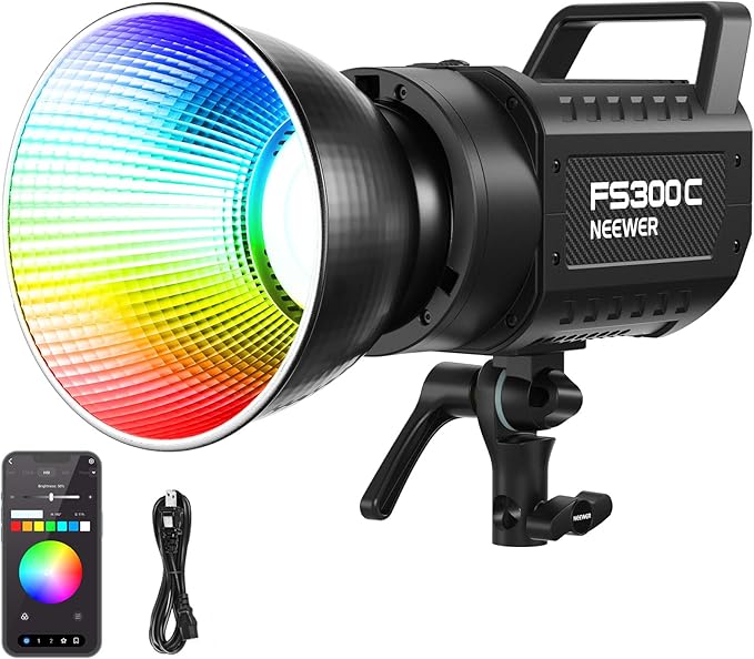 NEEWER 300W RGB LED Video Light APP/2.4G Control, 17 Effects 2500-7500K 29000lx COB Continuous Output Lighting with Cleaning Cloth, CRI95+ Bowens Mount for Studio Photography Video Recording, FS300C