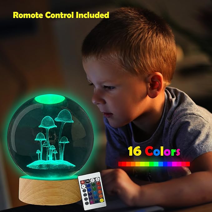 Catta Mushroom Night Light Gifts for Women, 16 Colors Cottagecore Mushroom 3D Engraved Crystal Ball Night Light for Bedroom Decor, 3.15Inch(16 Colors, Remote Control)