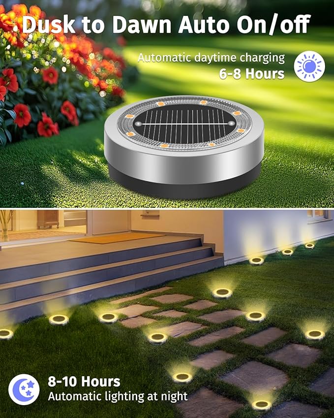 Mini Solar Ground Lights Outdoor 16 Pack Waterproof Upgraded Anti-Rust Solar Flat Garden Lights Stainless Steel Solor Powered Disc Landscape Light for Pathway Walkway Yard Lawn Patio-Warm White
