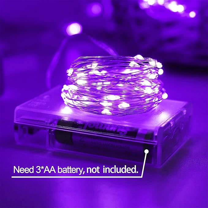 YAOZHOU Halloween Christmas Decorations Purple Fairy String Lights Indoor, Battery Operated with Timer, 2Pack Total 33FT 100 Led Mini Battery Powered Mason Jar Waterproof Firefly Lights DIY Party