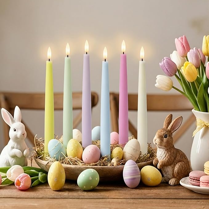 Easter Decorations, Easter Pastel Flameless Candles - Pastel Taper Candles Battery Operated with Timer and Remote Control, Home Table Decor, Wax, Macaron, 6pc