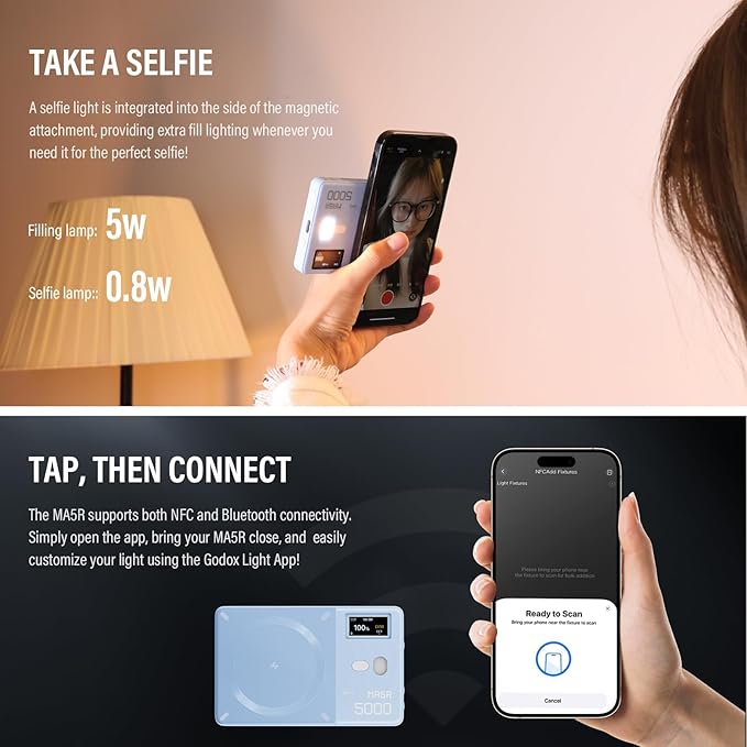 GODOX MA5R LED Fill Light with Soft Diffuser Magnetic Charging Phone Selfie Lighting Mini on Camera Lights 1800K-10000K 14 FX Modes for Selfies, YouTube, TikTok, Vlogging, Video Conferences (Blue)