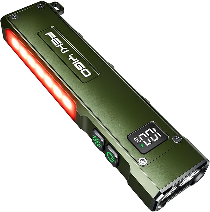 Feki Yigo Flat EDC Flashlight Rechargeable - 1800 Lumens LED Pocket Flashlight with 365nm UV Light, RGB Modes, Magnetic Base, Digital Display,IPX4 Waterproof for Camping, Emergency, Mechanics (Green)