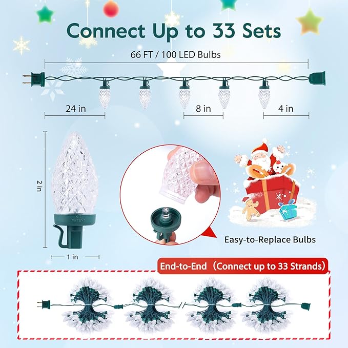 Brightown 2 Pack Total 132ft 200LED Outdoor C9 LED Christmas String Lights, Plug-in Connectable Waterproof Roofline String Lights for Outside Christmas Holiday Decor