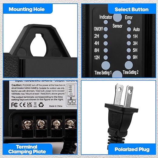 SMY Lighting 100W Outdoor Low Voltage Transformer with Timer and Photocell Sensor,120V AC to 12V DC Weatherproof for LED Landscape Lighting,Deck Lights,Spotlight, Pathway Light,ETL Listed