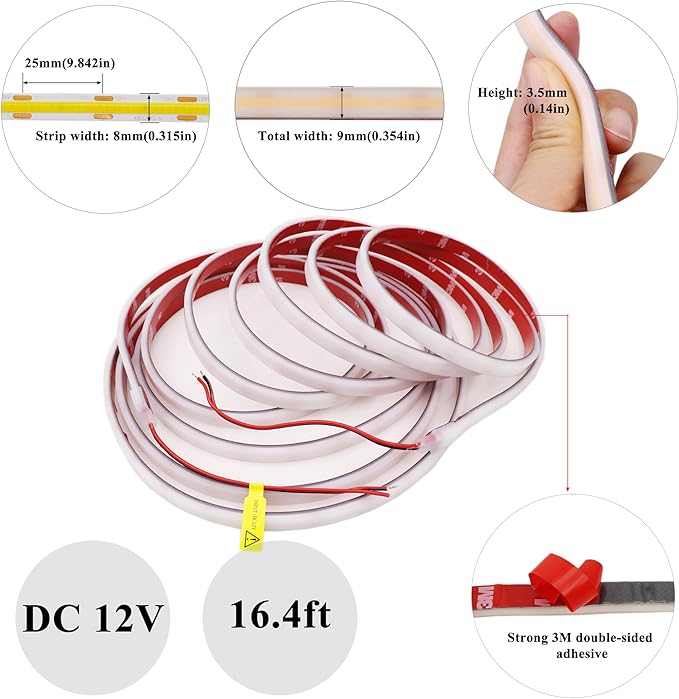 DC12V COB LED Strip Lights Green 480LEDs/m 16.4ft/5m Waterproof IP67 High Density LED Rope Lights for Outdoor Gardens Christmas Halloween DIY Decor
