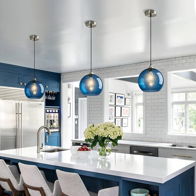 Blue Glass Pendant Lights Kitchen Island Lighting Globe Pendant Light Fixtures Modern Pendant Lighting for Kitchen Island Bedroom Living Dining Room Light Fixture(9.84in, 3-Pack)