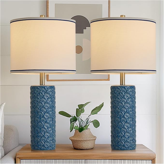 27" Farmhouse Bedside Table Lamp Set of 2, Bule Modern Ceramic Lamps for Living Room, 3 Color Temperature Rustic Table Lamps for Bedroom, Night Stands, Dorm,Office, Home Décor (Bulb Included)