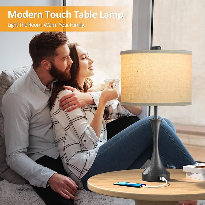 26" Black Touch Table Lamps for Living Room, Modern Farmhouse Touch Lamps for Night Stands Set of 2 with USB Ports, 3 Way Dimmable Bedside Lamps for Bedroom Side Table