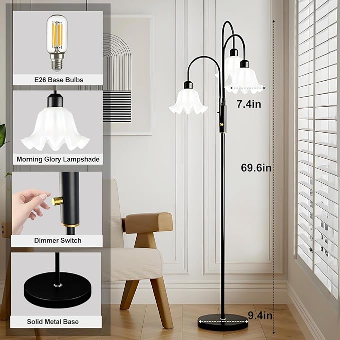 Lightdot 70IN Flower Floor Lamp for Living Room, 3 Light Dimmable Tree Floor Lamps with 3000K Bulb Included for Wedding/Party, Unique Floral Tall Lamp for Bedroom/Sofa Beside/Corner Decor-Black