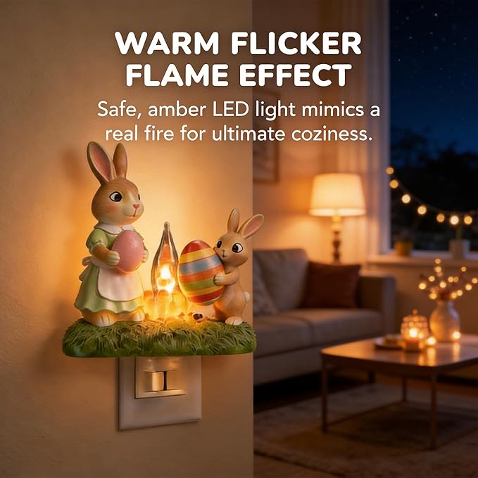 Easter Night Light - Bunny Campfire Plug in Wall, Mother & Baby Rabbit Lamp with Flickering Flame, Handmade Resin Easter Home Decor, Warm Nightlight for Bedroom Nursery or Festive Gift
