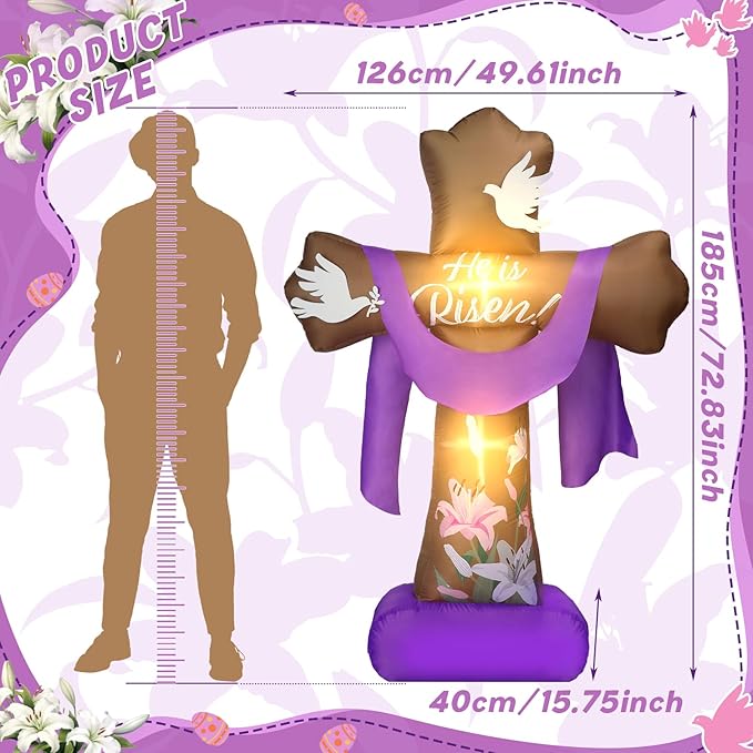 6 ft Easter Inflatable Outdoor Yard Decoration Blow up Inflatable He is Risen Cross Set with Build in LED Lights Decor for Easter Spring Party Lawn Supplies