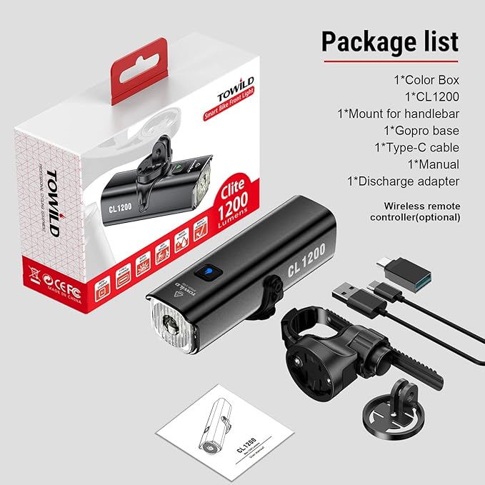 TOWILD CL1200 Bike Lights for Night Riding,Compatible with Garmin/GoPro Mount,1200 Lumen Bright Bike Headlight,Rechargeable Battery,Waterproof Bike Front Light for Commuter Cyclists