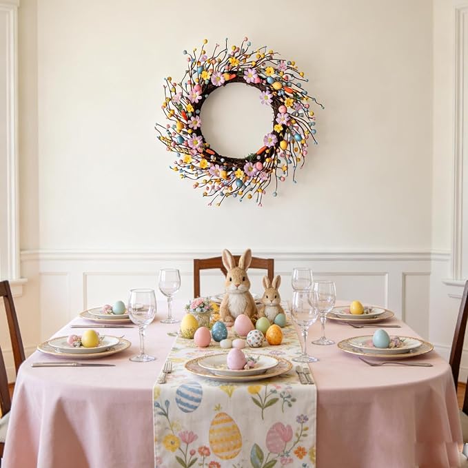 Idyllic 22 Inch Minimalist Fresh Easter Wreath with Easter Eggs Daisies and Carrot Decorations for Front Door Window Living Room Fireplace Easter Decor