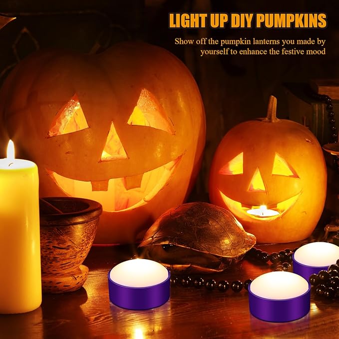 Riakrum 6 Pieces Remote Timer LED Lights with Remote LED Pumpkin Lights Battery Operated Lantern Bright Flameless Candle(Purple,Warm Light)