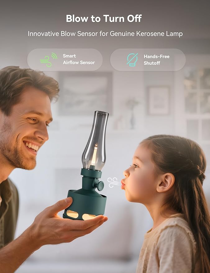 Tubicen Cordless Rechargeable Table Lamp, Vintage Battery Operated Oil Lamp Lantern, Smart Blow/Tilt Off, 10-Level Rotary Touch Dimmable Flameless Kerosene Desk Night Light for Home Bedroom Decor