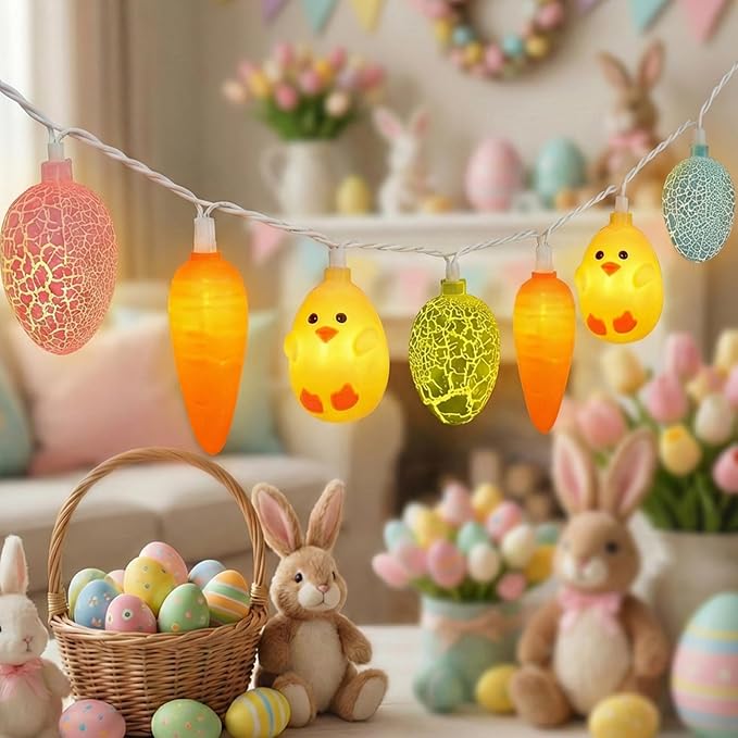 GOOTHY 8.5Ft Outdoor Easter Cracked Egg Chicken and Carrot String Lights Plug in, Hanging Easter Decorations Pastel Lights for Indoor Outdoor Spring Themed Party Patio Garden Birthday Home Decor