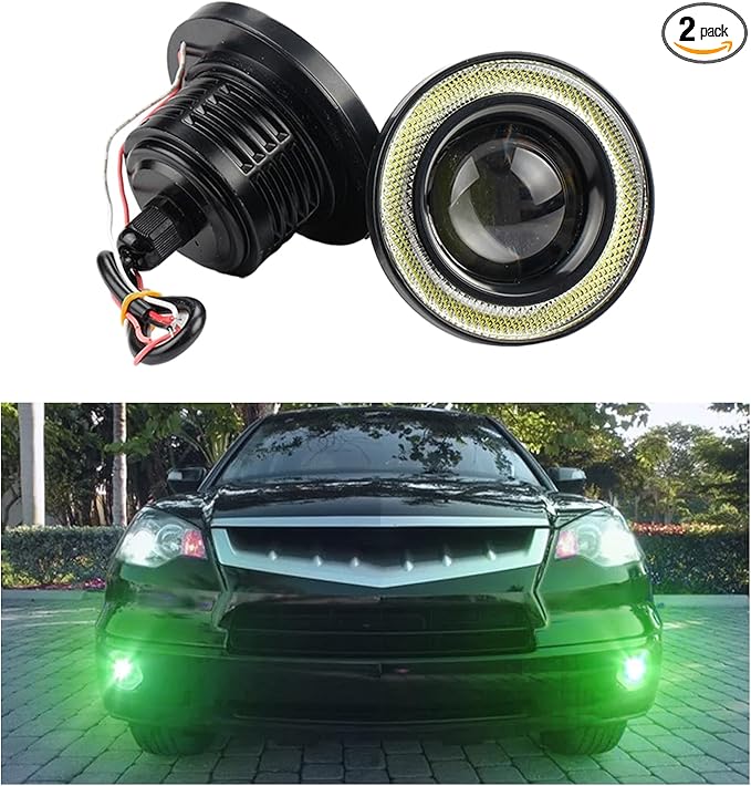 2 PCS Car Angel Eye Fog Light, 2.5'' Round COB LED Super Bright High Power Fog Angel Eye Projector with Halo Rings, Universal Vehicle DRL Daytime Driving Light Fog Lamp Bulbs (Green)