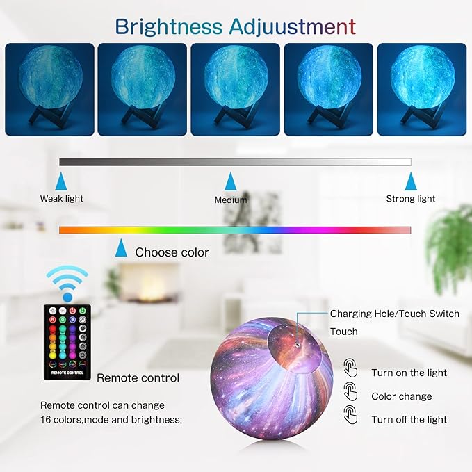Moon Lamp, Galaxy Night Light, 16 Colors Large galaxy light 3D printing Moon Night Light with Stand/Remote Control/Touch/USB Rechargeable, Moon Light for Kids Baby friend family gifts (9.6 inch)
