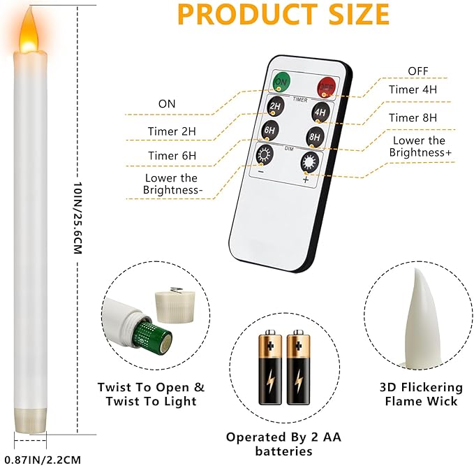 Flameless Taper Candles 10" Dripless Battery Operated Taper Candles Included Remote Timer 400+ Hours by 2AA Batteries for Halloween Christmas Wedding (White, 12 Pack)