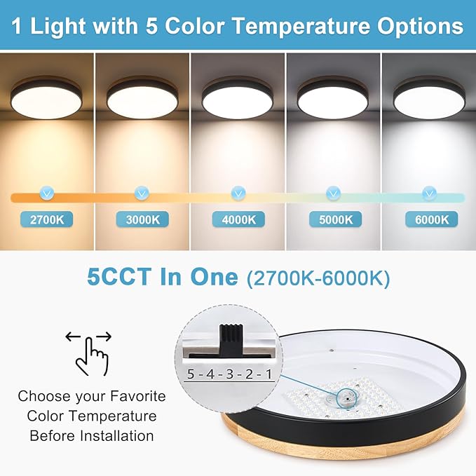 Dimmable Wood LED Ceiling Light, 5CCT 2700K-6000K Modern Black Flush Mount Ceiling Lamp, Minimalist Round Close to Ceiling Lighting Fixture for Living Room, Bedroom, Kitchen, 15.74in
