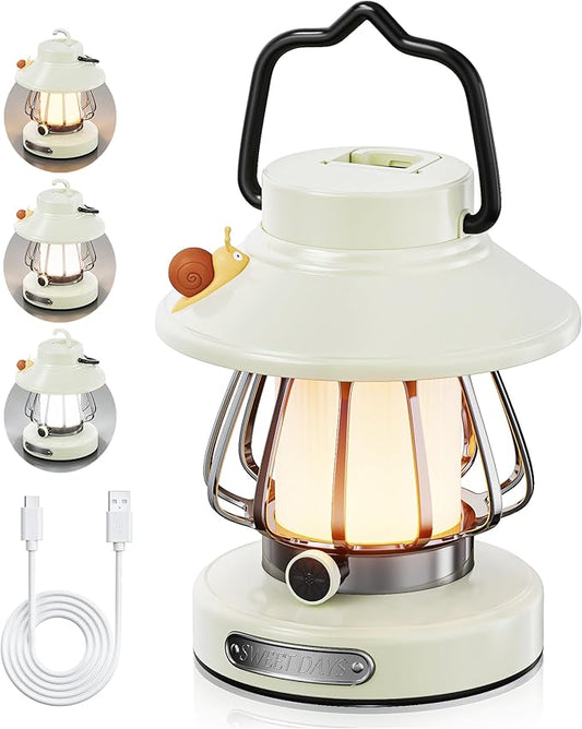 HOMY Snail Camping Lantern for Kids USB Rechargeable, 3 Color Dimmable LED Light, Portable Outdoor Indoor Night Light for Toddlers, Tent, Bedroom & Power Outages (Milk White)