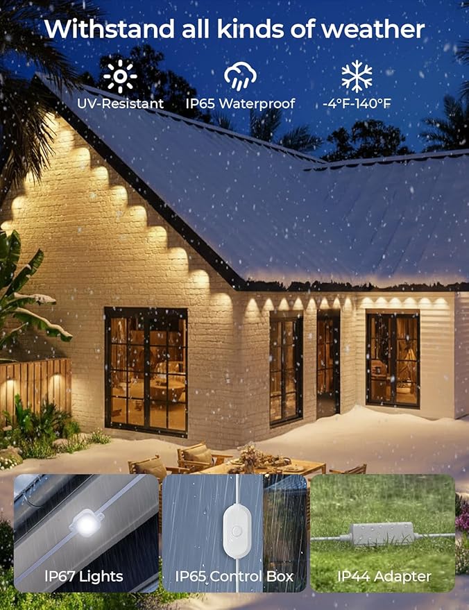 Smart Permanent Outdoor Lights Pro, 100ft 60LED RGB+IC+Warm/Cool White for Daily, 100+ Scene Modes, Waterproof Eaves Light for Halloween Christmas Decor, Works with Alexa, Google Assistant