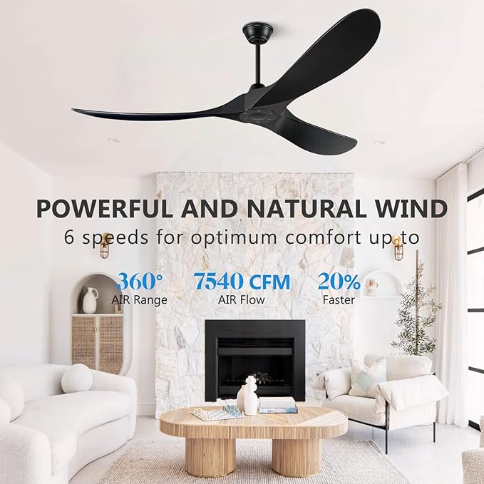 60 Inch Ceiling Fans Without Light, Solid Wood Ceiling Fan with Remote Control and Quiet DC Motor, Ceiling Fan no Light 3 Blades, Outdoor Ceiling Fans for Patios without Lights Matte Black
